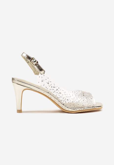 Złote Transparentne Sandały na Obcasie z Cyrkoniami i Wkładką ze Skóry Naturalnej Evelreia