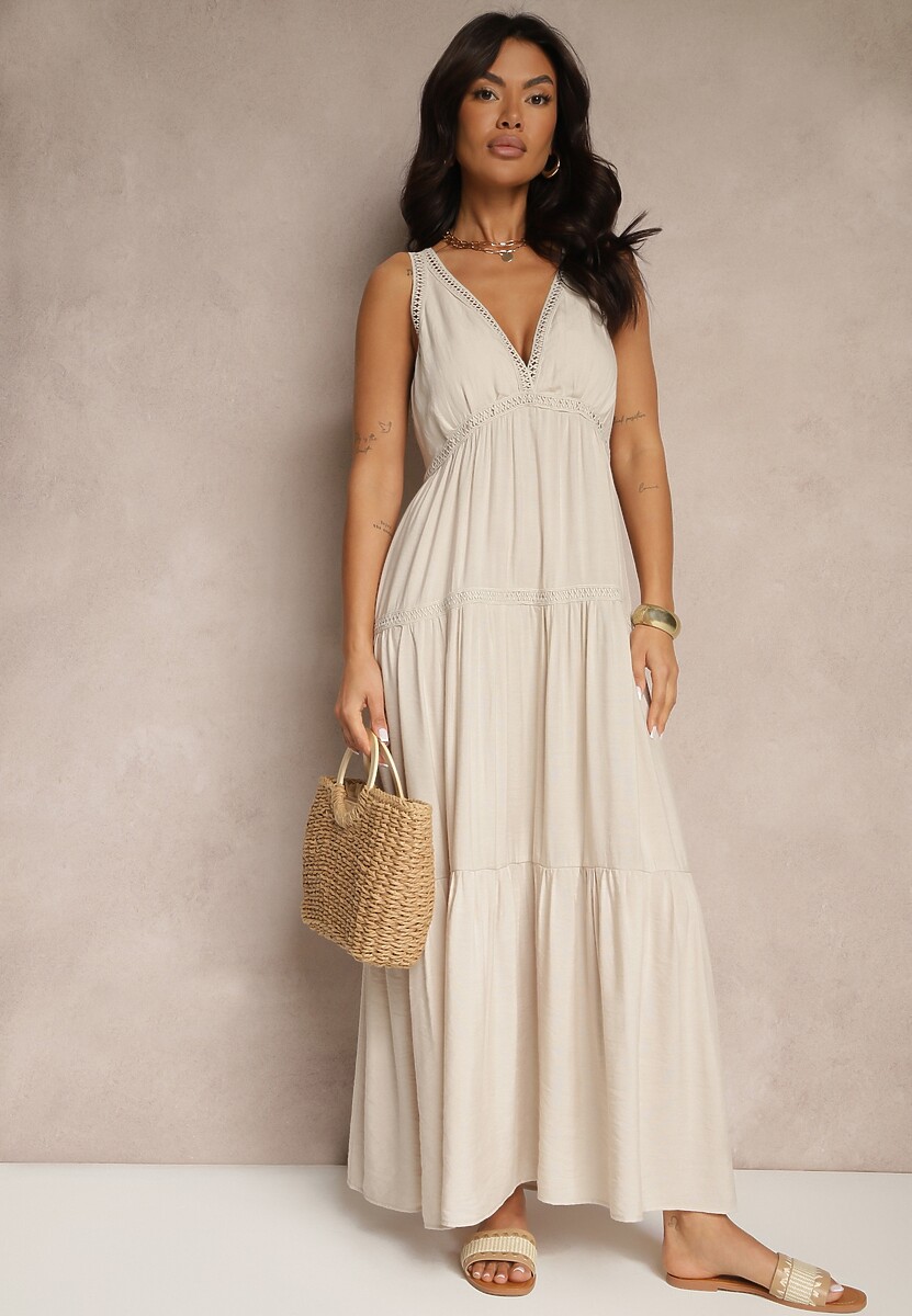 Beżowa Sukienka z Wiskozą Ozdobiona Szydełkowym Motywem Mevelta