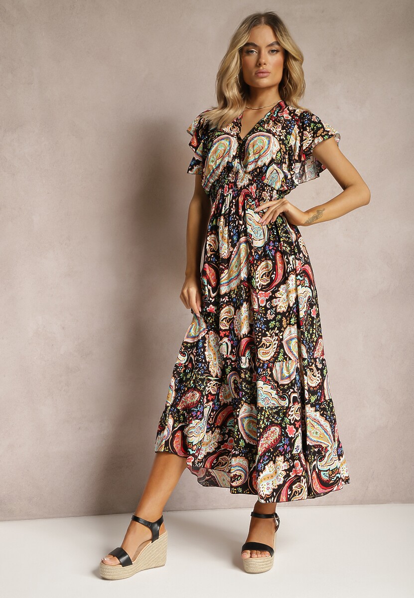 Czarna Letnia Sukienka z Bawełny z Wzorem Paisley i Elastyczną Gumką w Pasie Thetissa