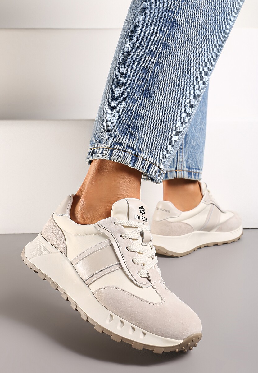 Beżowe Klasyczne Sneakersy ze Skóry Naturalnej Goteria
