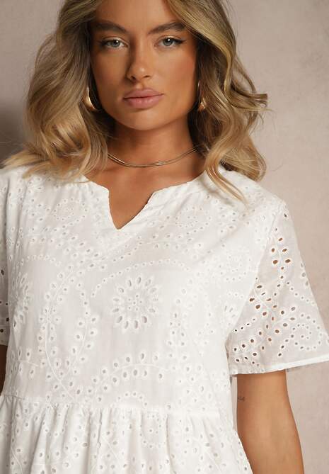 Biała Ażurowa Sukienka z Bawełny z Haftami Lumivienne