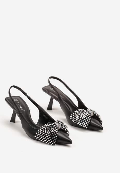 Czarne Sandały na Szpilce Kaczuszce Wykończone Kokardą i Cyrkoniami Elitara