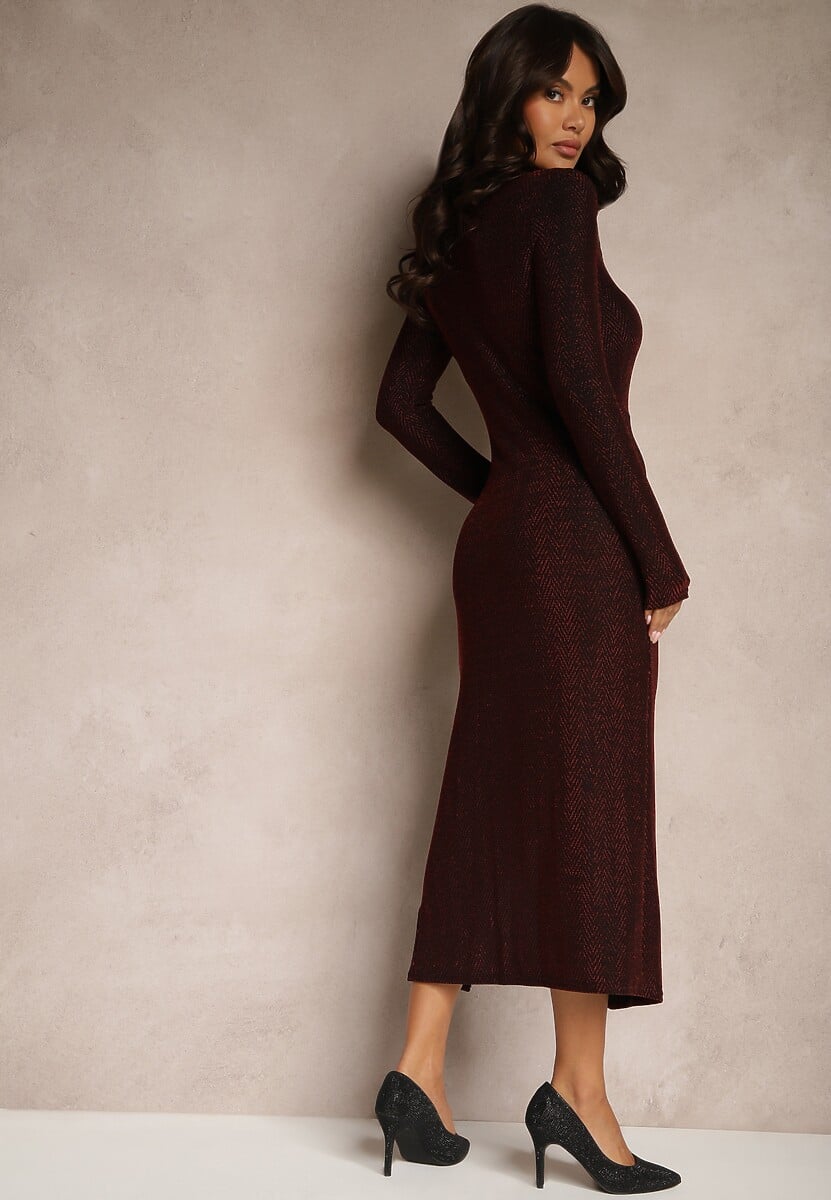 Bordowa Koktajlowa Sukienka z Wiskozą Rozcięciem z Boku i Marszczeniem Lilwin
