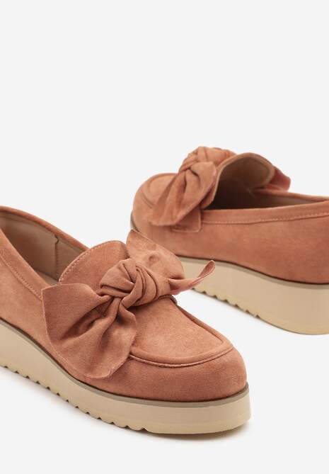 Różowe Mokasyny z Ekozamszu na Niskiej Platformie z Ozdobną Kokardą Nusalena