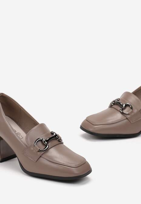 Beżowe Półbuty Loafersy na Słupku z Wkładką ze Skóry Naturalnej Amfira