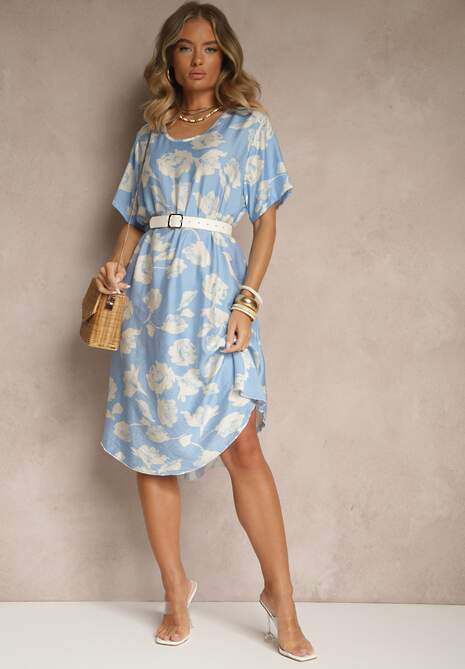 Jasnoniebieska Sukienka Pudełkowa z Wiskozy w Kwiaty Aranolia