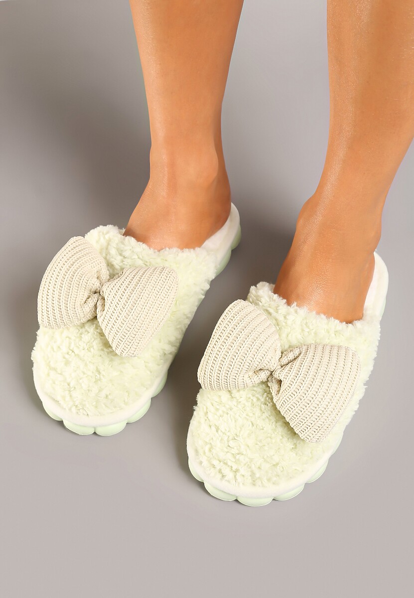 Jasnozielone Kapcie z Futerka z Kokardką na Ozdobnej Podeszwie Vamissa