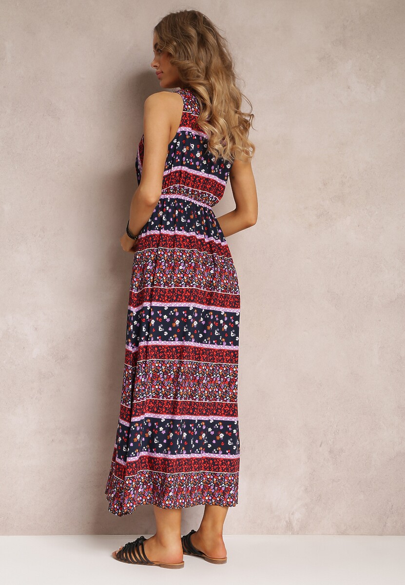 Granatowo-Różowa Sukienka z Wiskozy Maxi w Fantazyjny Print Cannida