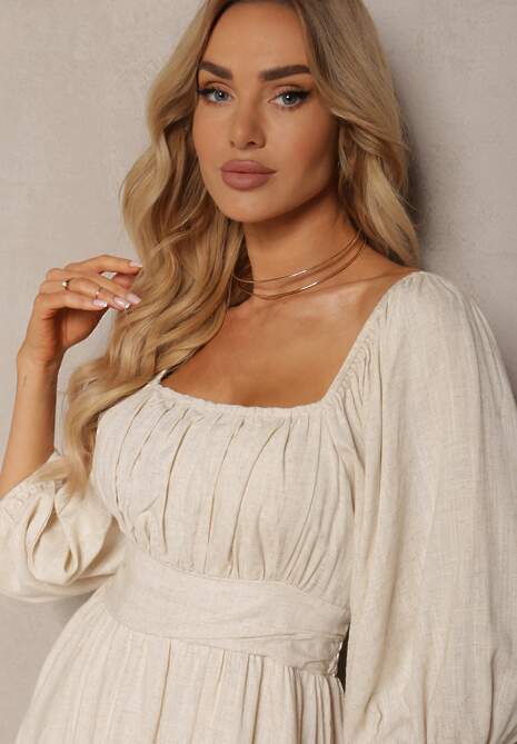 Beżowa Sukienka z Lnem i Wiskozą Wykończona Podszewką Falbanką i Gumką w Talii Alzemia