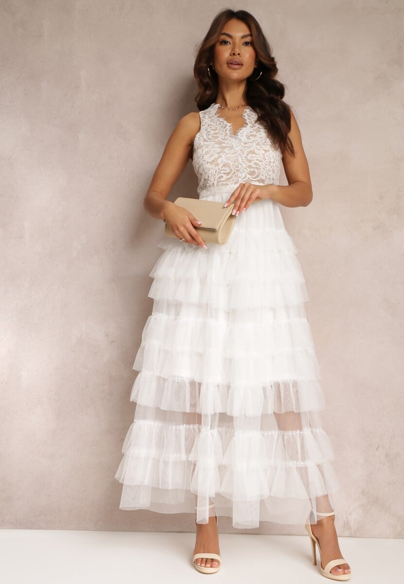 Beżowa Sukienka Koktajlowa z Koronkową Górą i Rozkloszowanym Tiulowym Dołem Venisa