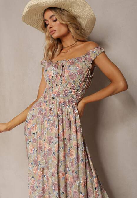 Jasnozielona Kwiecista Sukienka Rozkloszowana z Bawełny na Ramiączkach Kalassia