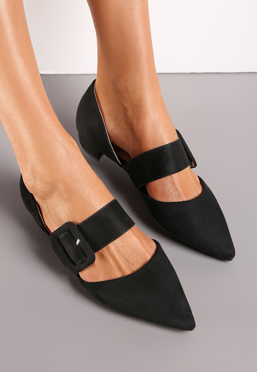 Czarne Balerinki z Paskiem z Klamerką i Szpiczastym Noskiem Neondra