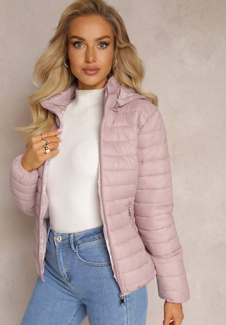 Różowa Pikowana Kurtka z Odpinanym Kapturem Sissata
