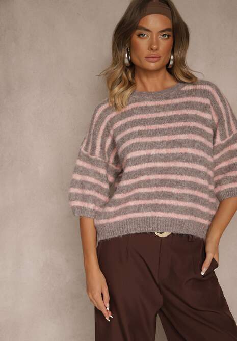 Brązowy Sweter z Wełną Ozdobiony Paskami i Bufiastymi Rękawami Rilesse