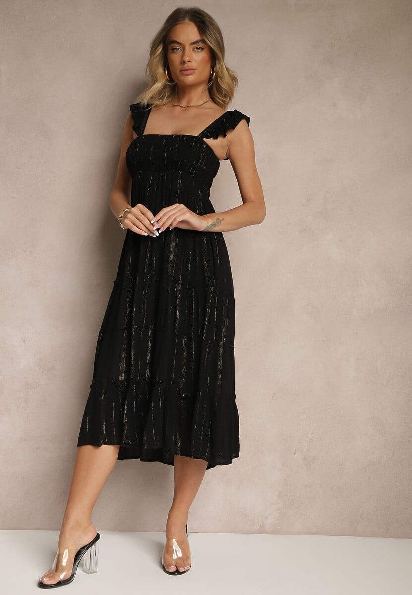 Czarna Rozkloszowana Sukienka z Wiskozy z Metalicznymi Przeszyciami Iffaria