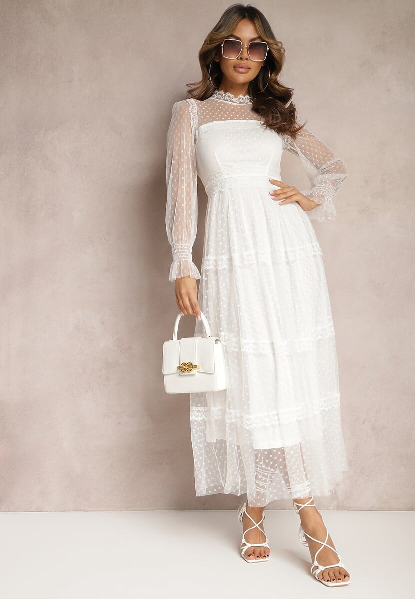 Biała Koronkowa Sukienka Rozkloszowana z Falbanką Faberlla