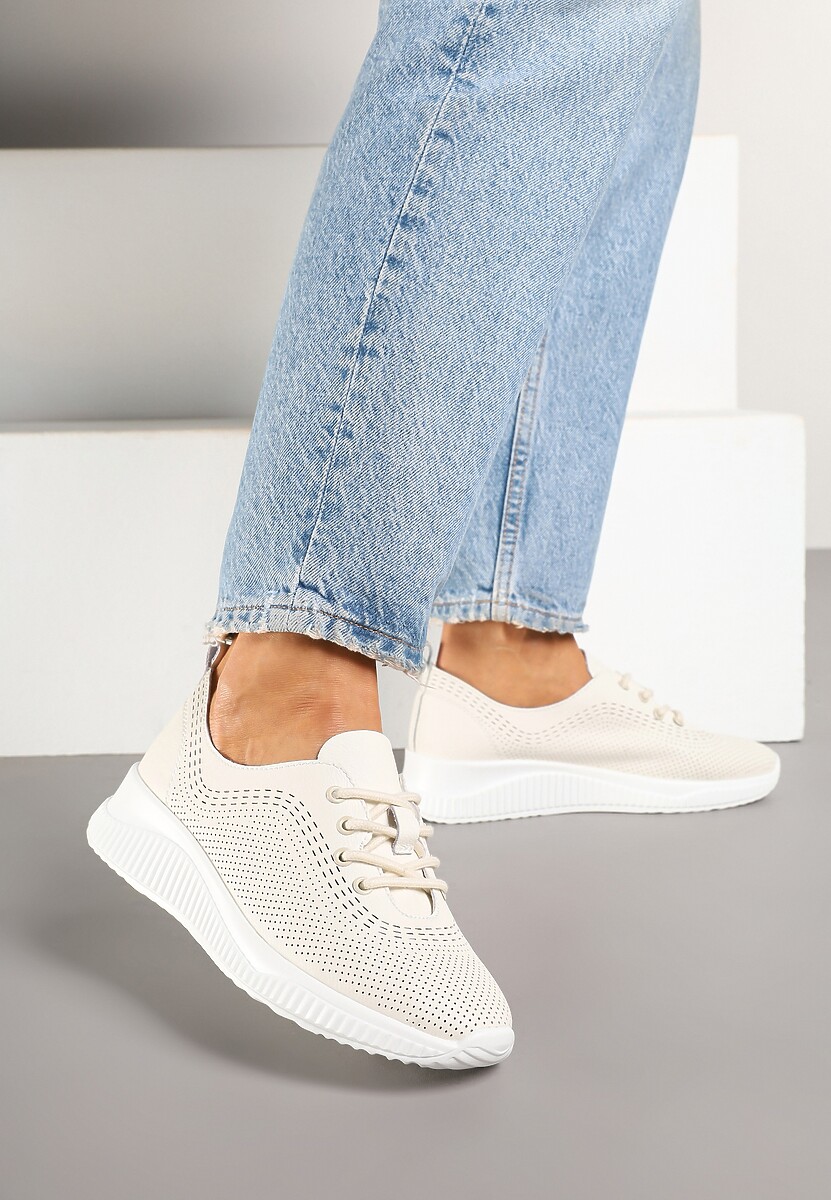 Beżowe Sneakersy ze Skóry Naturalnej ze Skórzaną Wkładką i Perforacją Alothis