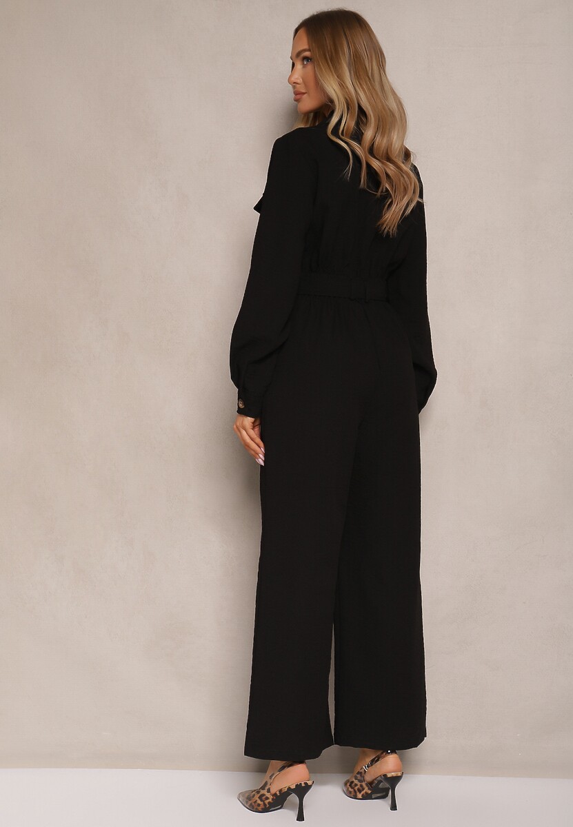 Czarny Długi Kombinezon w Stylu Utility Wiązany w Talii Daneloria