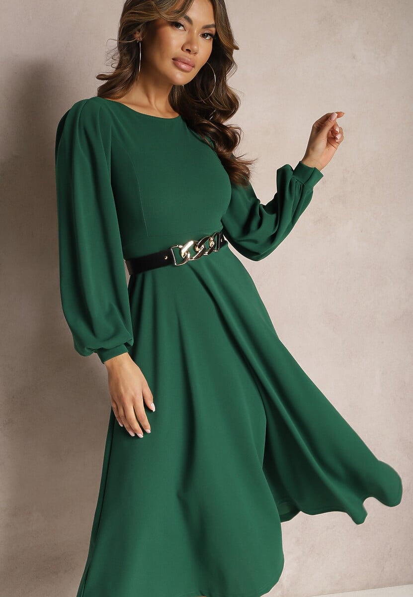 Czarna Sukienka Midi o Rozkloszowanym Fasonie z Bufiastymi Rękawami Amatya