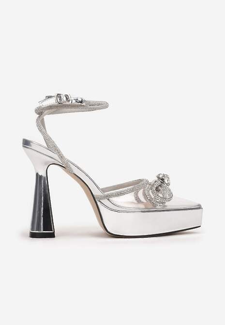 Srebrne Sandały na Klepsydrowym Obcasie i Platformie z Kokardką Kirsi