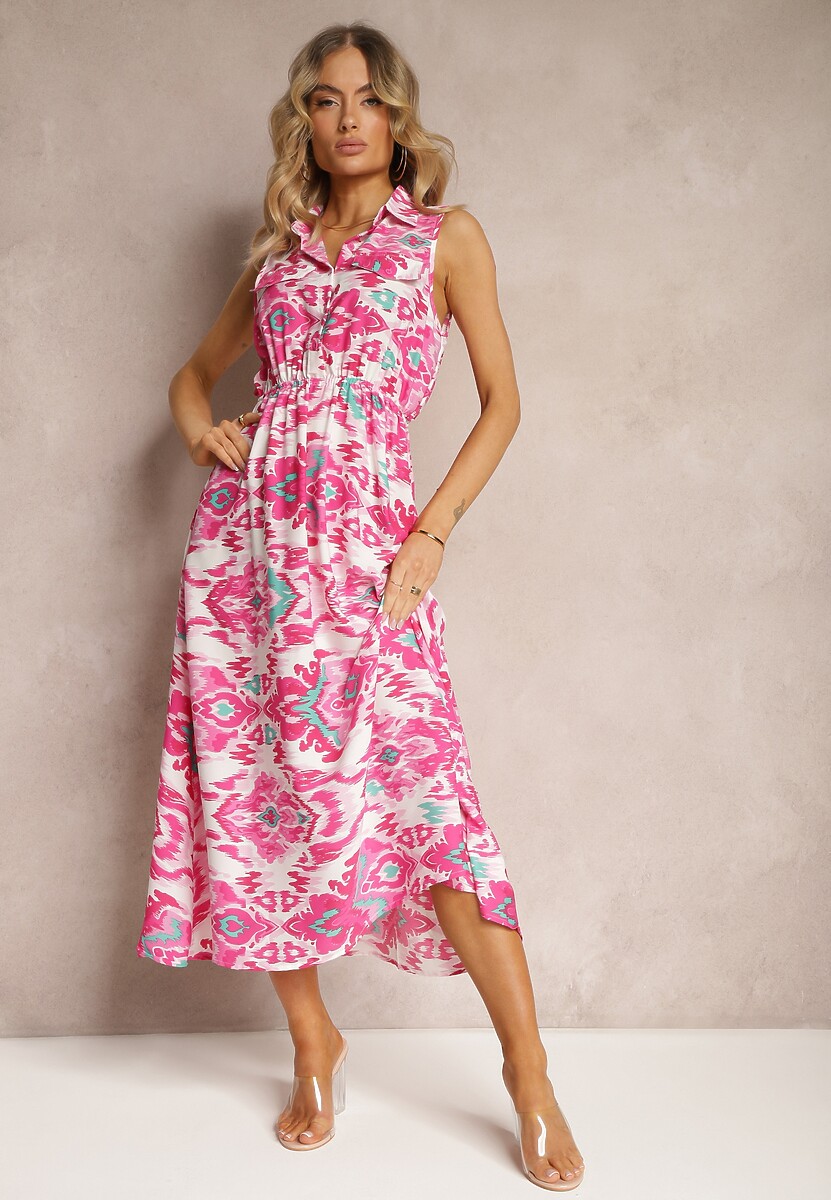 Różowa Rozkloszowana Sukienka z Ozdobnymi Naszyciami na Dekolcie w Abstrakcyjni Print Flubia