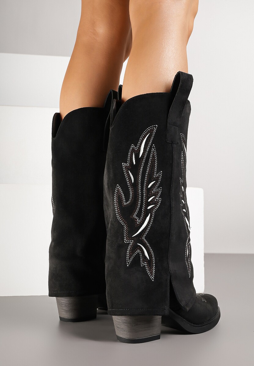 Czarne Kozaki w Stylu Kowbojek na Słupku z Haftem i Wywiniętą Cholewką Emmiste