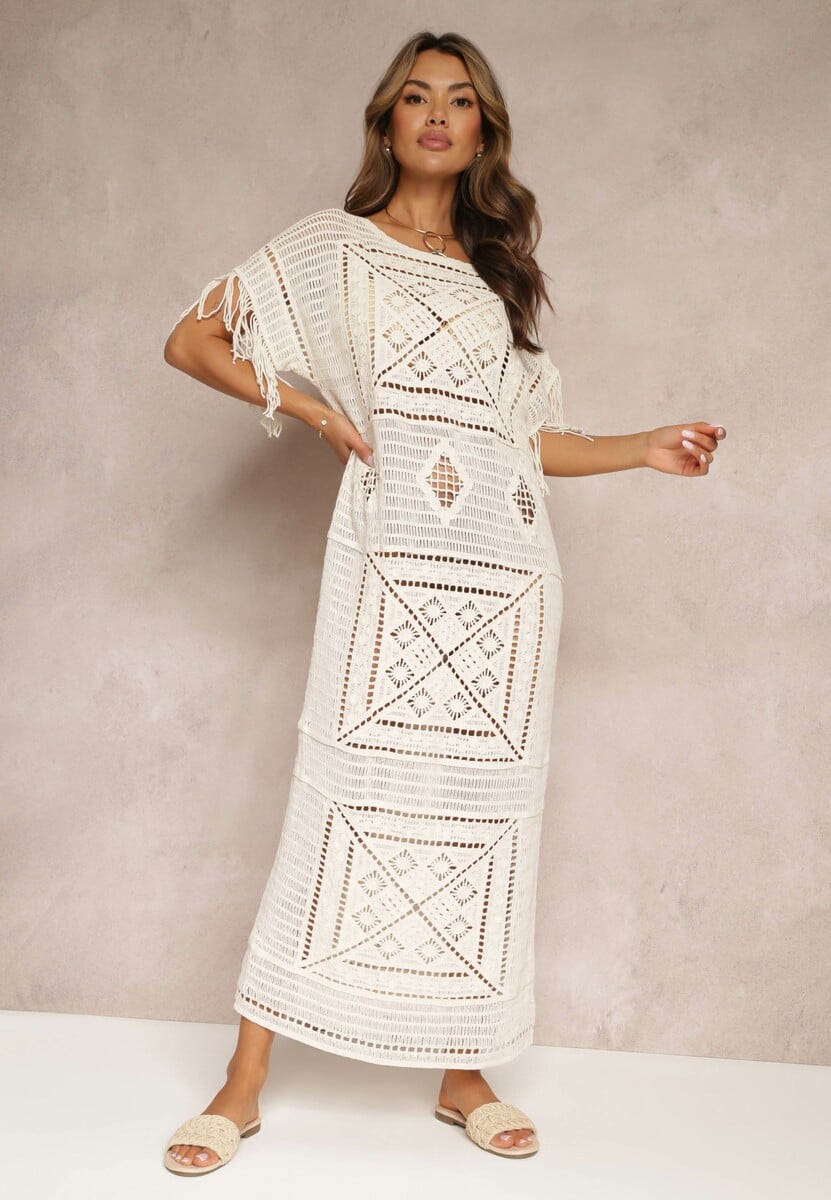 Beżowa Szydełkowa Sukienka Maxi z Frędzlami i Rękawem Typu Nietoperz Yumoto