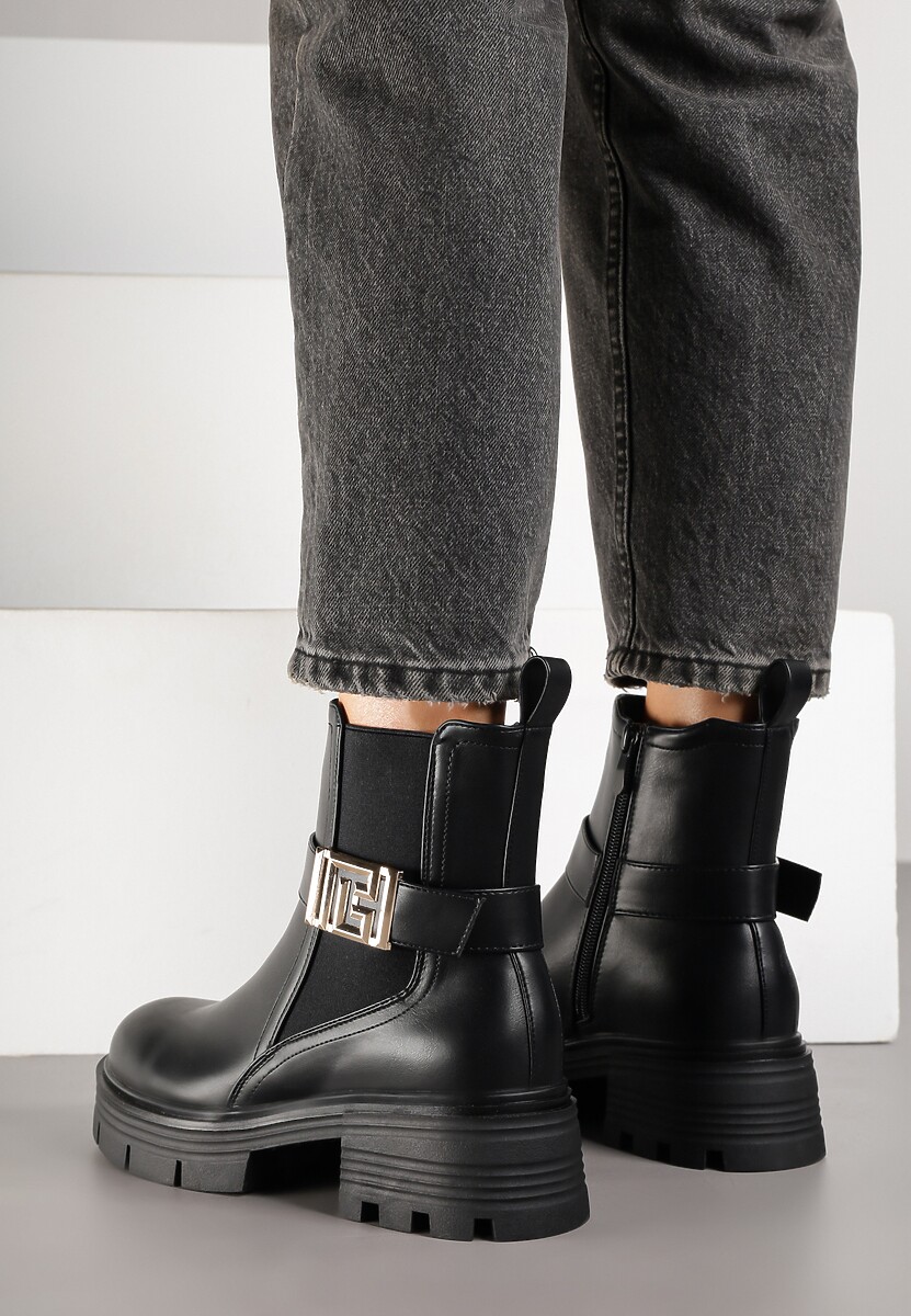 Czarne Botki Sztyblety Zdobione Metaliczną Aplikacją Cedorie