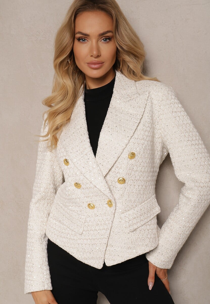 Czarna Taliowana Marynarka Tweedowa o Dwurzędowym Kroju Zdobiona Imitacją Kieszeni Liovra