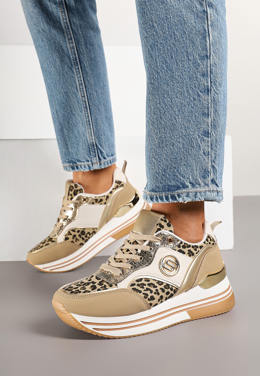 Ciemnobeżowe Sneakersy Ozdobione Wzorem w Panterkę z Metalicznymi Zdobieniami na Platformie Gonnella