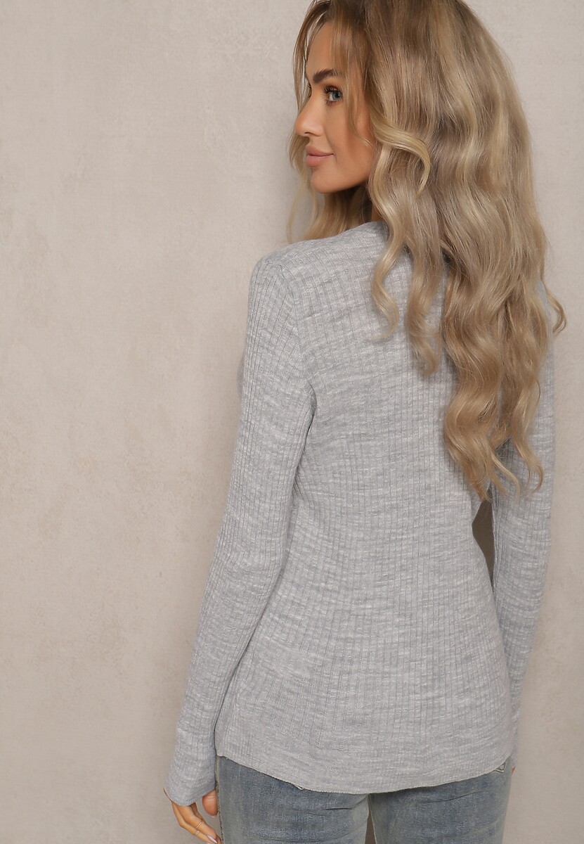 Szary Prążkowany Sweter z Dekoltem V Deriary