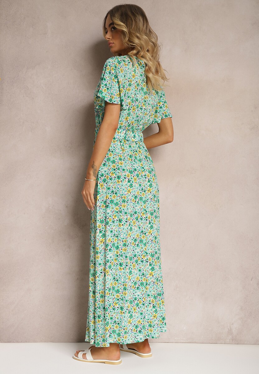 Zielona Kopertowa Sukienka z Wiskozy z Materiałowym Paskiem i Gumką w Talii z Rozcięciem Vikali