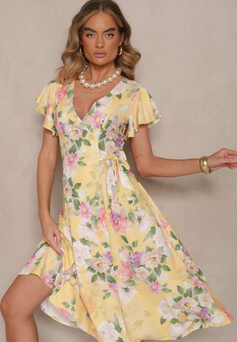 Żółta Kopertowa Sukienka w Kwiaty Atesalia