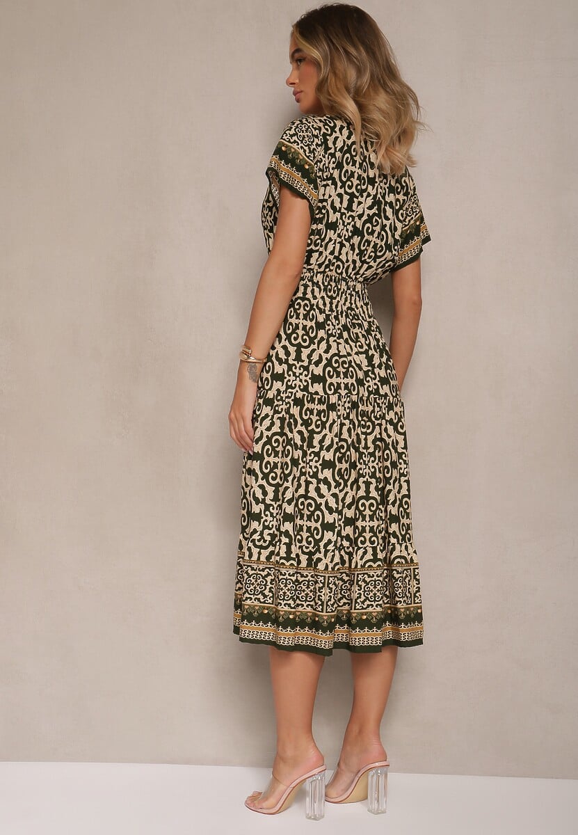 Zielono-Beżowa Sukienka z Bawełny z Gumką w Pasie i Ozdobnymi Guzikami Natifarela