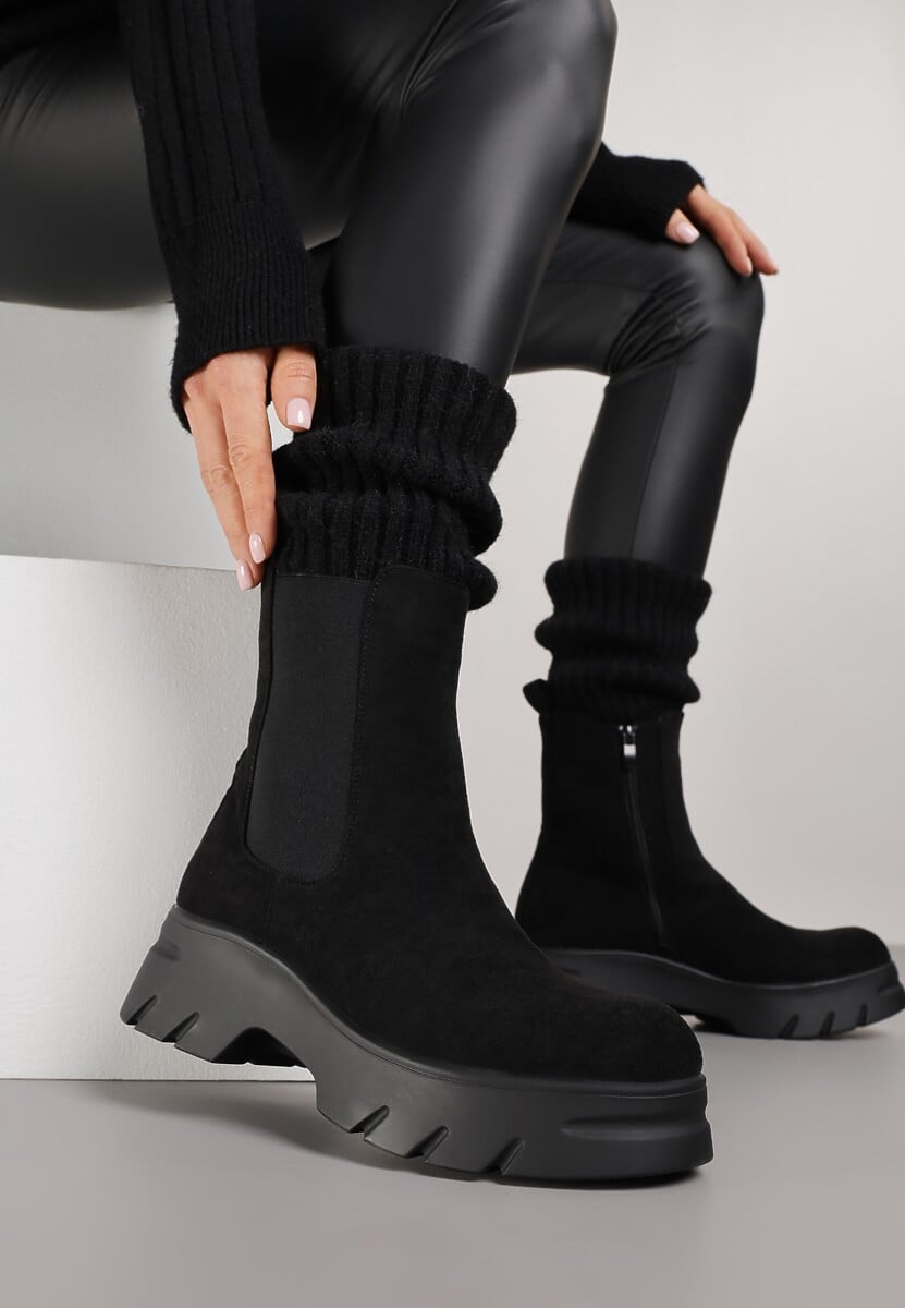 Czarne Botki Sztyblety na Platformie z Elastyczną Cholewką Mavita