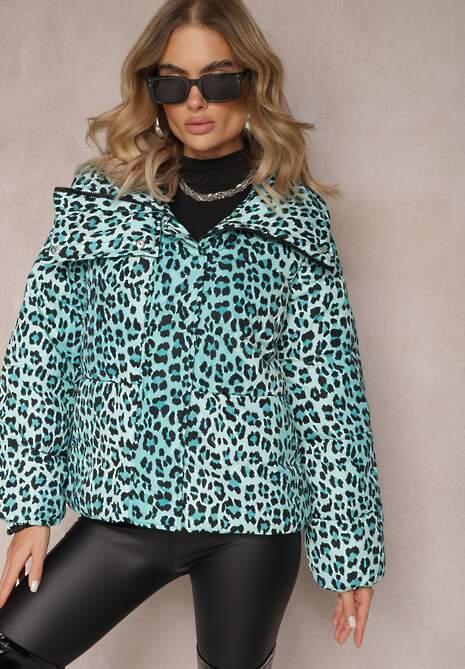 Jasnozielona Kurtka w Cętki z Pikowaniem i Kołnierzem Gelasa