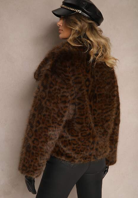 Brązowa Panterkowa Kurtka Futerko z Wsuwanymi Kieszeniami Neliven