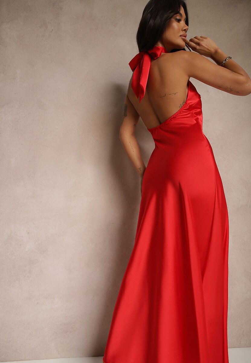 Czerwona Sukienka Satynowa z Dekoltem Halter i Odkrytymi Plecami Belas