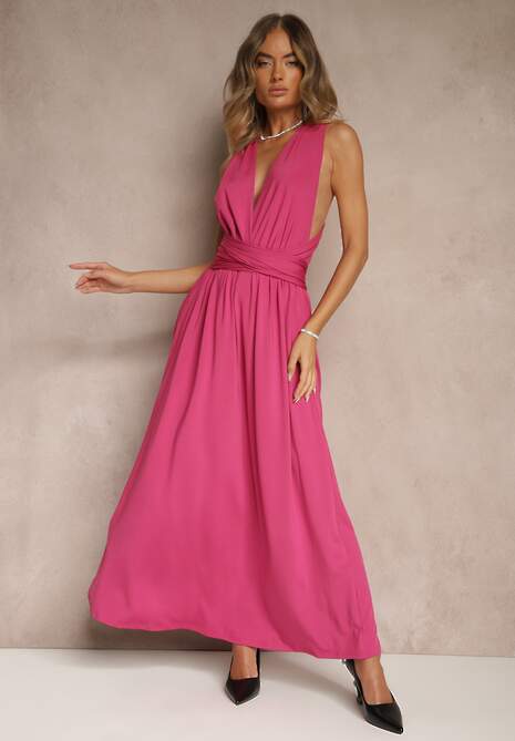 Ciemnoróżowa Sukienka Koktajlowa Multiway z Wiskozą Wiązana na Szyi Lilovea