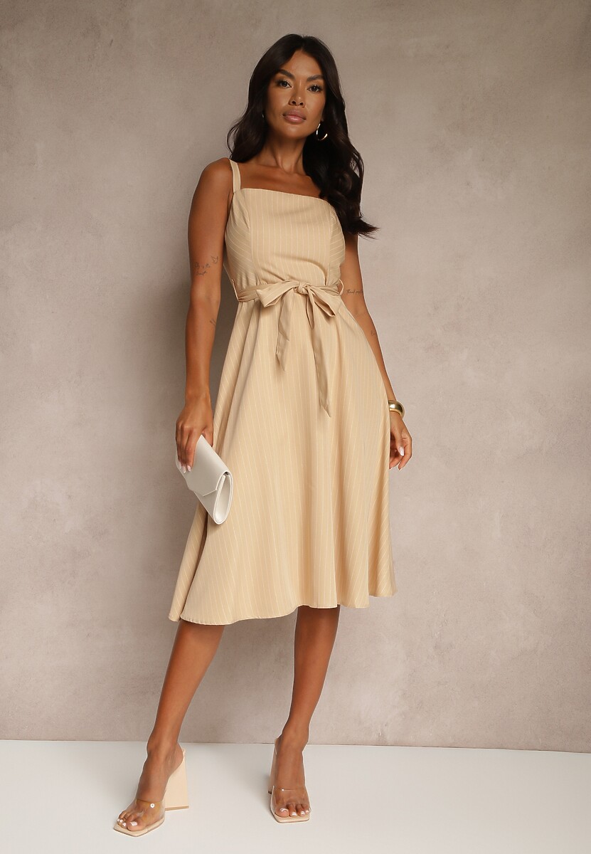 Beżowa Rozkloszowana Sukienka z Wiskozą w Paski Dolavessa