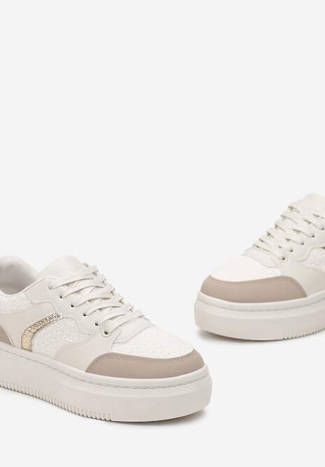Beżowe Płaskie Sneakersy na Grubej Podeszwie z Metalicznymi Wstawkami Odelita