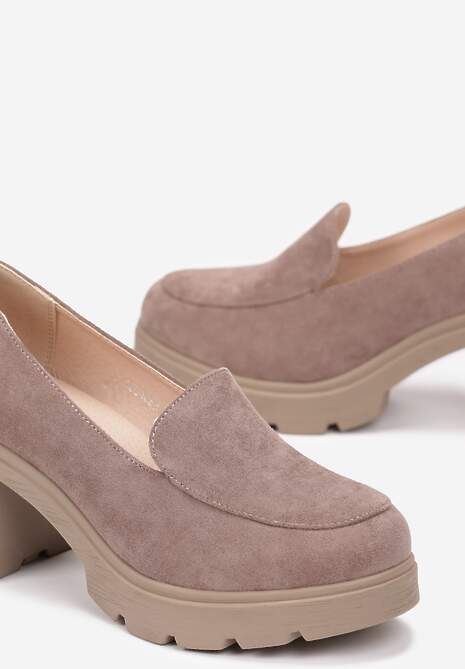 Ciemnobeżowe Półbuty na Obcasie z Niską Platformą i Skórzaną Wkładką Neona