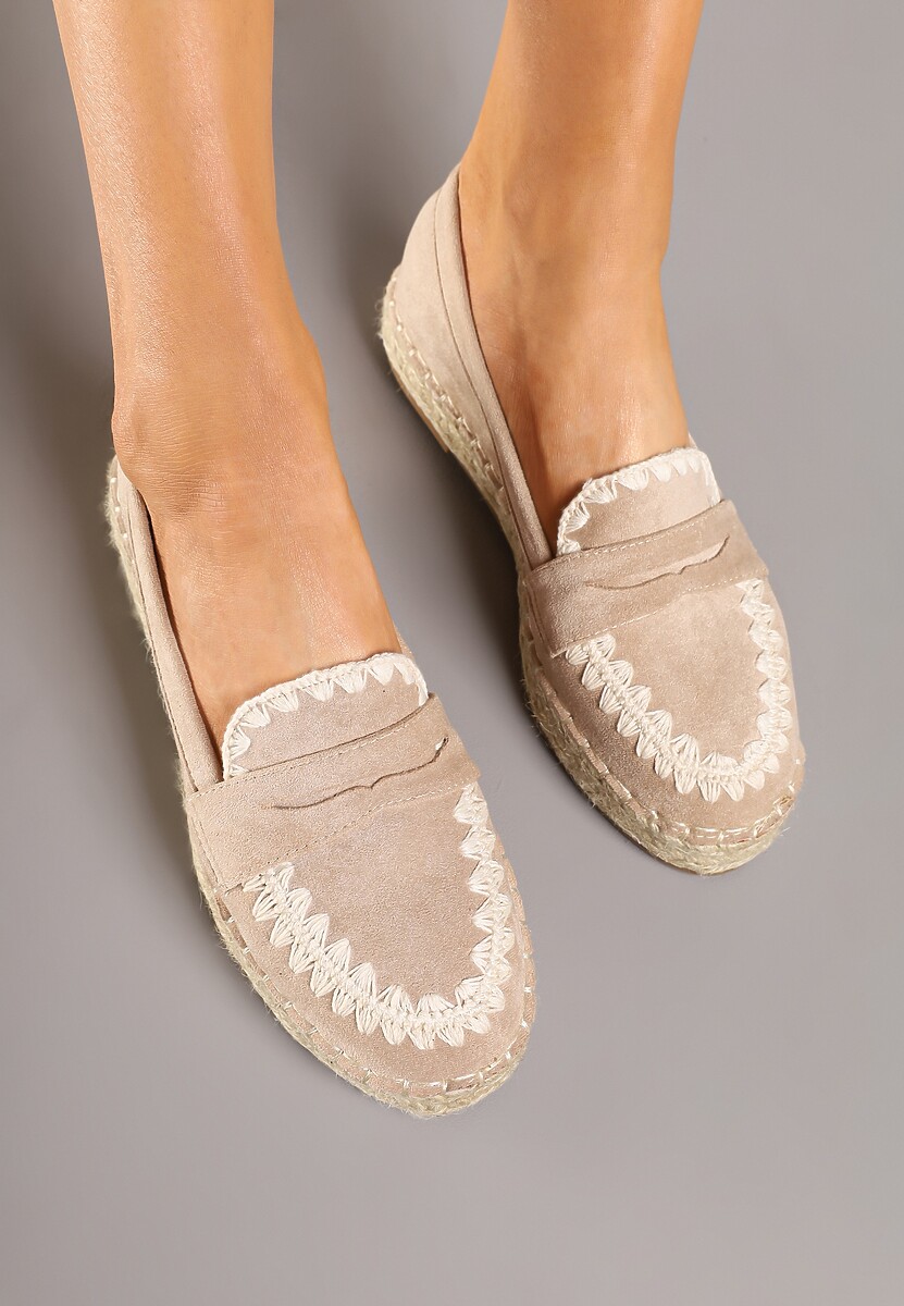 Ciemnobeżowe Espadryle z Haftem na Podeszwie z Plecionki Taslexia