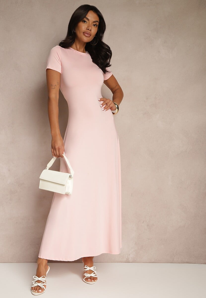 Jasnobeżowa Taliowana Sukienka z Krótkim Rękawem Liranisea