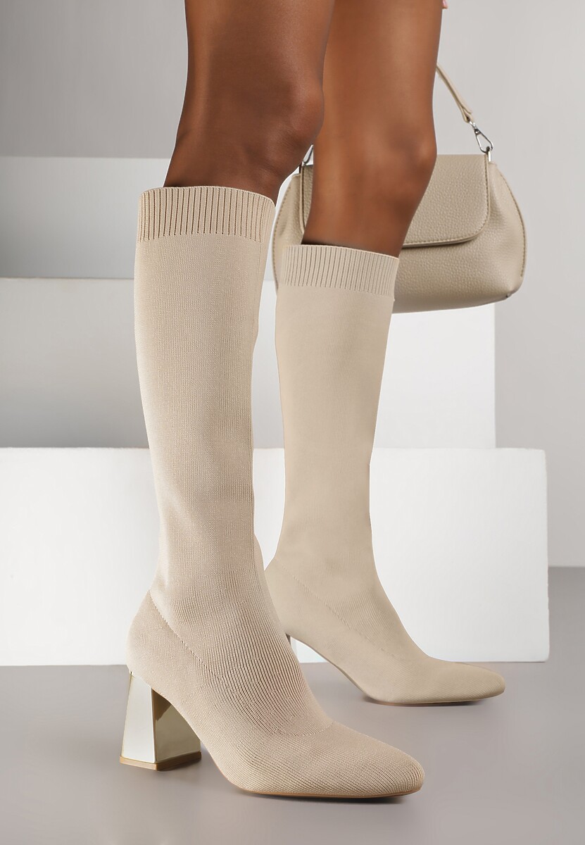 Brązowe Eleganckie Kozaki VICES na Metalicznym Obcasie ze Skarpetkową Cholewką Nalaina