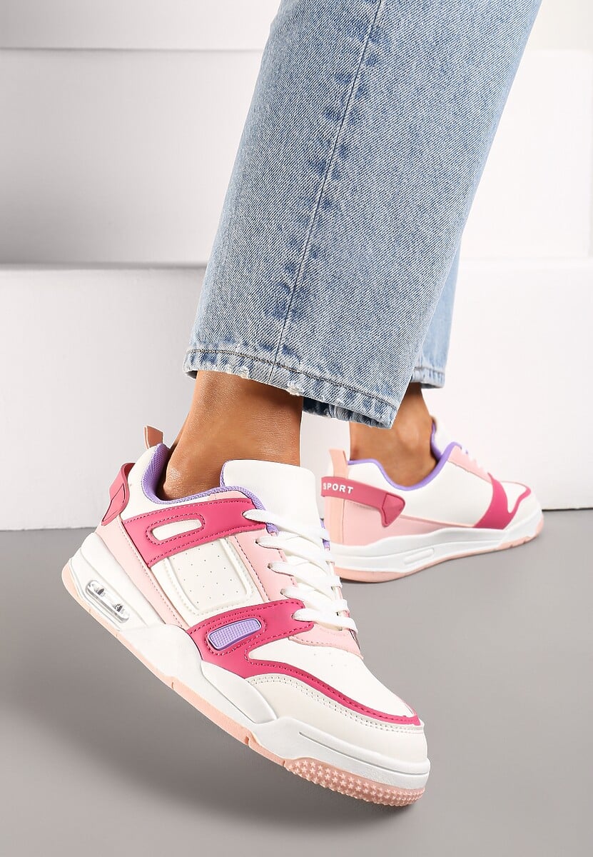 Biało-Różowe Sznurowane Sneakersy z Licznymi Wstawkami z Ekoskóry Gwendias