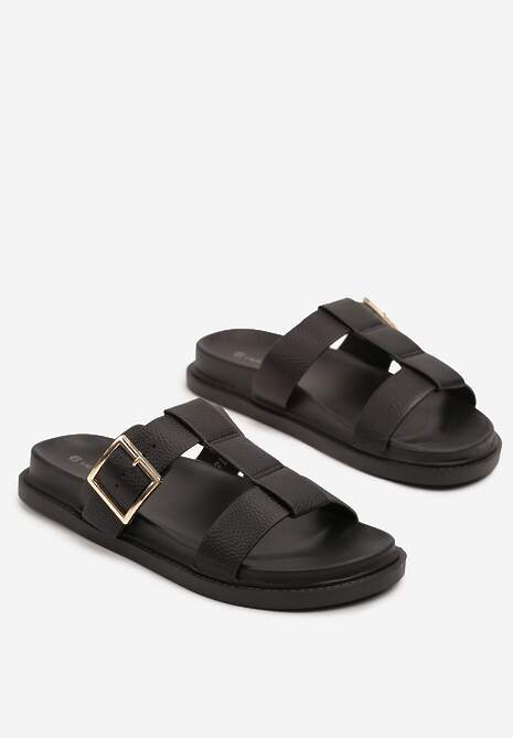 Czarne Geometryczne Klapki z Metaliczną Sprzączką Finvanis