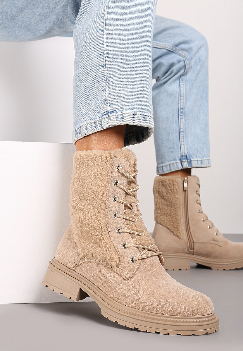 Brązowe Botki Workery na Płaskiej Podeszwie Ozdobione Futerkiem w Stylu Baranka Nevaletta