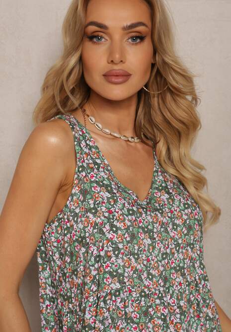 Ciemnozielona Letnia Sukienka Bez Rękawów z Bawełnianej Tkaniny Kiodelia