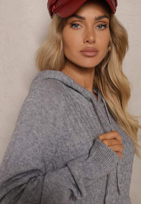 Szara Sukienka Sweterkowa z Kapturem Ozdobiona Sznurkami Ittilina